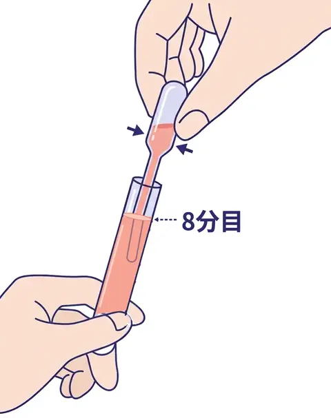 スポイトで尿を白いキャップの容器に8分目程度まで移すイラスト