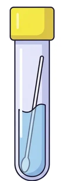 Container with the swab tip in the liquid and cap closed