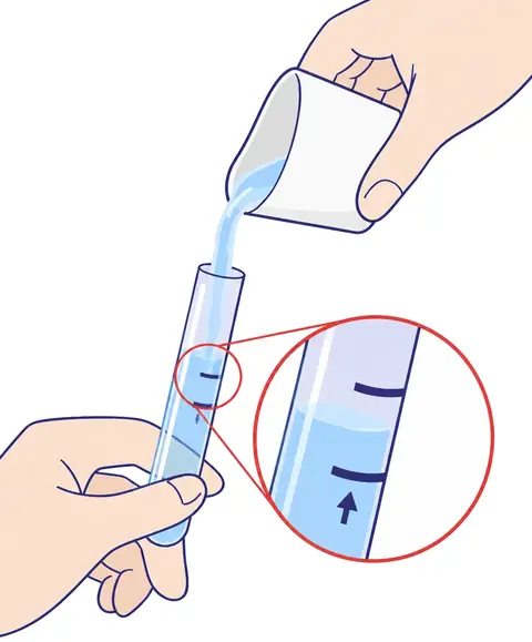 Pouring the gargle sample into the container between the black lines